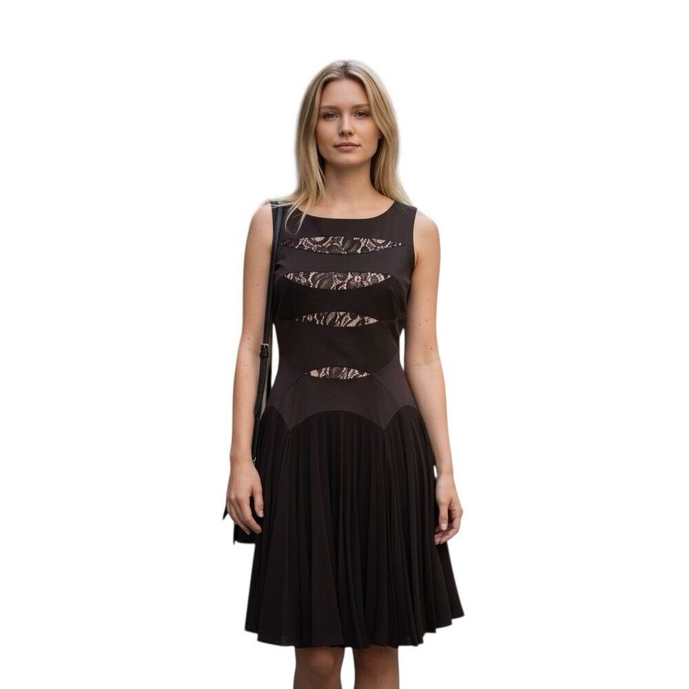 KAREN MILLEN Womens Sleeveless Boatneck Fit & Flare Black Pleated Dress US Sz 6